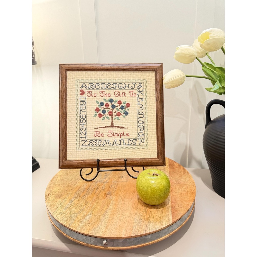 Vintage Cross Stitch Sampler Tis the Gift to be Simple Cottage Core Framed 12x12